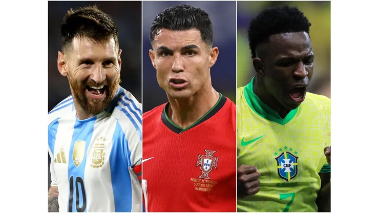 Lionel Messi (left), Cristiano Ronaldo and Vinicius (center), Kylian Mbappe (right)