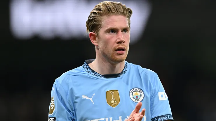 Kevin De Bruyne of Manchester City looks on during the Premier League match between Manchester City FC and Manchester United FC at Etihad Stadium on December 15, 2024 in Manchester, England.