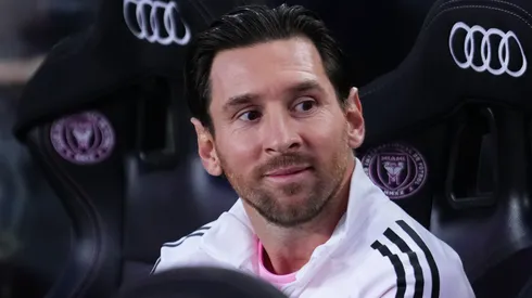 Lionel Messi #10 of Inter Miami CF looks on form the bench prior to a game against the Philadelphia Union at Chase Stadium on March 29, 2025 in Fort Lauderdale, Florida.