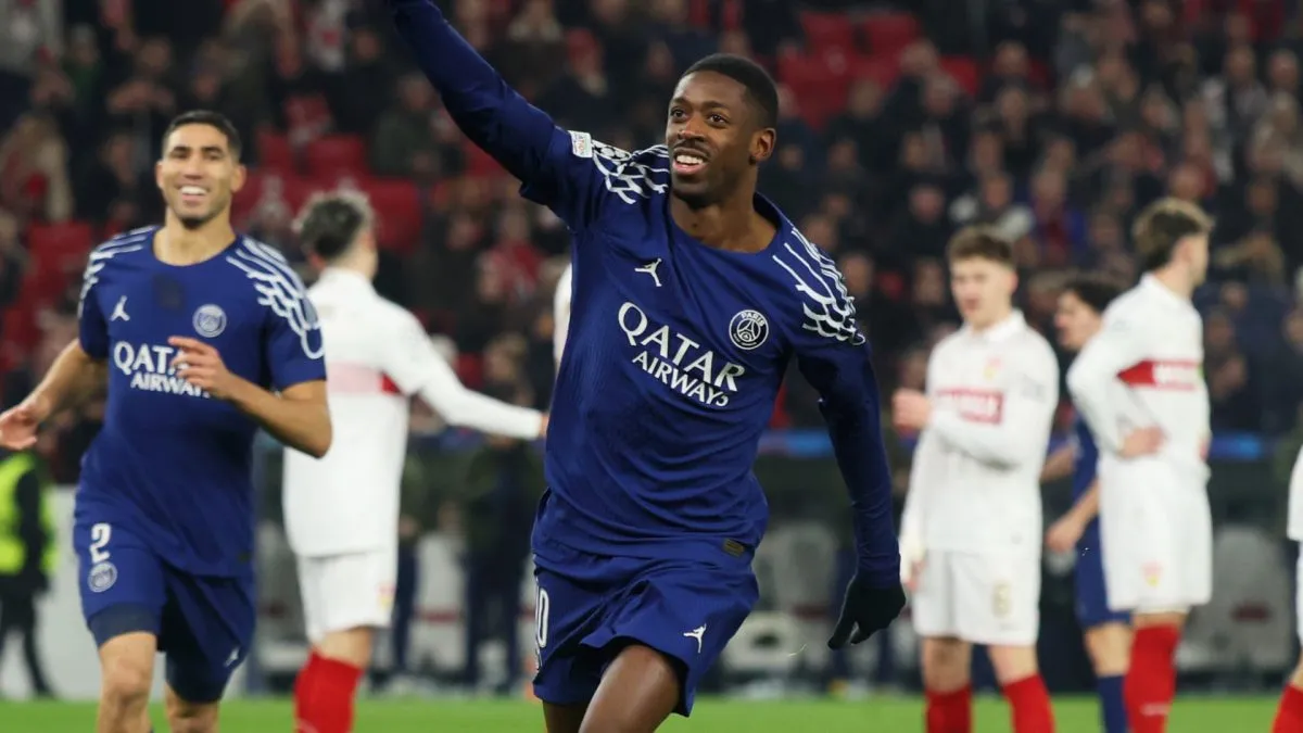Ousmane Dembele of Paris Saint-Germain celebrates scoring his team's fourth goal during the UEFA Champions League 2024/25 League Phase MD8 match between VfB Stuttgart and Paris Saint-Germain at Stuttgart Arena on January 29, 2025 in Stuttgart, Germany.