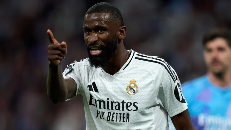 Antonio Rudiger of Real Madrid gestures during the UEFA Champions League 2024/25 League Knockout Play-off second leg match between Real Madrid C.F. and Manchester City at on February 19, 2025 in Madrid, Spain.