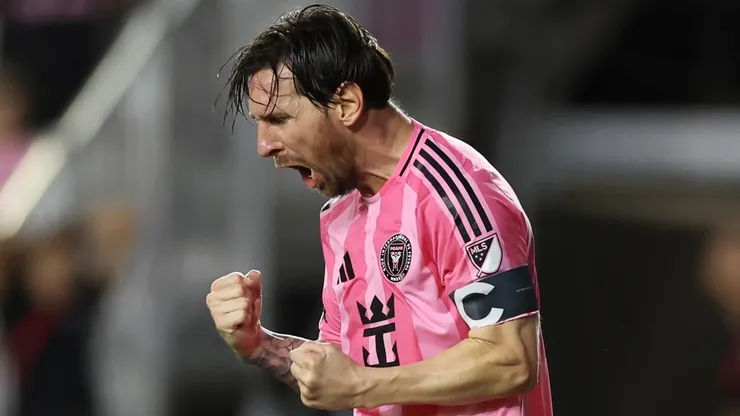 Lionel Messi #10 of Inter Miami CF celebrates after scoring the team's first goal during the MLS match between Inter Miami CF and Toronto FC at Chase Stadium on April 06, 2025 in Fort Lauderdale, Florida.