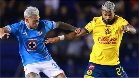 Gonzalo Piovi of Cruz Azul battles for possession with Rodrigo Aguirre of America