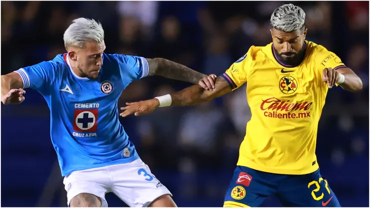 Gonzalo Piovi of Cruz Azul battles for possession with Rodrigo Aguirre of America