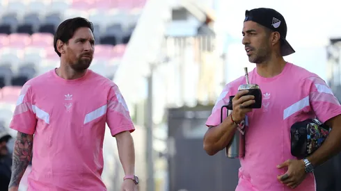 (L-R) Lionel Messi #10 and Luis Suárez #9 of Inter Miami CF arrive prior to an MLS match between Inter Miami CF and Toronto FC at Chase Stadium on April 06, 2025 in Fort Lauderdale, Florida.