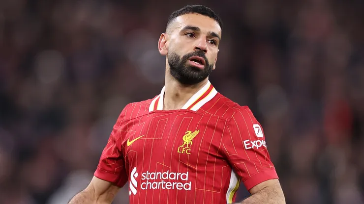 Mohamed Salah of Liverpool during the UEFA Champions League 2024/25 UEFA Champions League 2024/25 Round of 16 Second Leg match between Liverpool FC and Paris Saint-Germain at Anfield on March 11, 2025 in Liverpool, England.