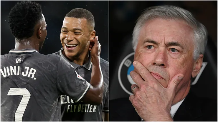 Kylian Mbappe, Vinicius (left), and Carlo Ancelotti (right)