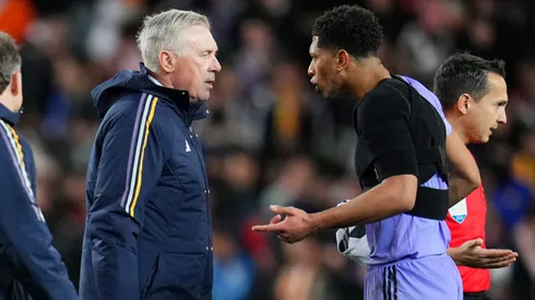 Carlo Ancelotti, Head Coach of Real Madrid, and Jude Bellingham of Real Madrid react after he scored a goal which was disallowed in the LaLiga EA Sports match between Valencia CF and Real Madrid CF at Estadio Mestalla on March 02, 2024 in Valencia, Spain.