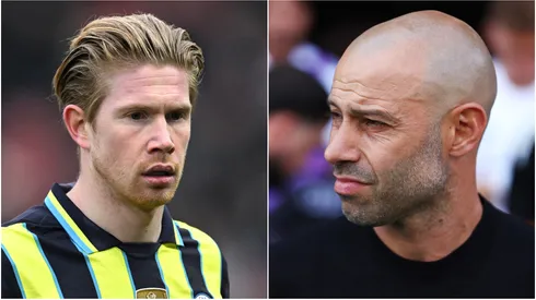 Kevin De Bruyne (L) of Manchester City and Javier Mascherano (R), Head Coach of Inter Miami CF.