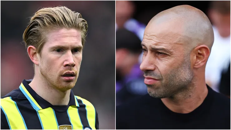 Kevin De Bruyne (L) of Manchester City and Javier Mascherano (R), Head Coach of Inter Miami CF.