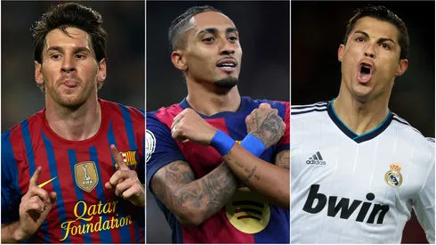 Raphinha (left), Lionel Messi (center), and Cristiano Ronaldo (right)