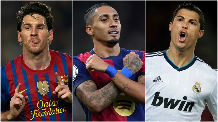 Raphinha (left), Lionel Messi (center), and Cristiano Ronaldo (right)