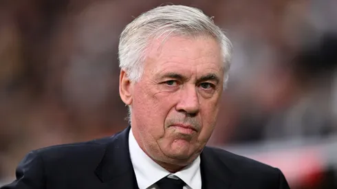 Carlo Ancelotti, Head Coach of Real Madrid, looks on prior to the LaLiga match between Real Madrid CF and Valencia CF at Estadio Santiago Bernabeu on April 05, 2025 in Madrid, Spain.