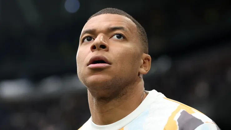 Kylian Mbappe of Real Madrid looks on during the warm up prior to the LaLiga match between Real Madrid CF and Valencia CF at Estadio Santiago Bernabeu on April 05, 2025 in Madrid, Spain.