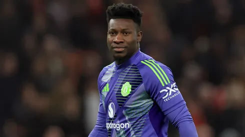 Andre Onana of Manchester United during the UEFA Europa League 2024/25 Round of 16 Second Leg match between Manchester United and Real Sociedad de Futbol at Old Trafford on March 13, 2025 in Manchester, England.