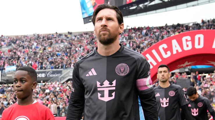 Lionel Messi #10 of Inter Miami CF leads the team out prior to the MLS match between Chicago Fire FC and Inter Miami CF at Soldier Field on April 13, 2025 in Chicago, Illinois.