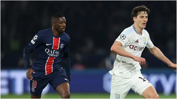 Pau Torres of Aston Villa tracked by Ousmane Dembele of Paris Saint-Germain