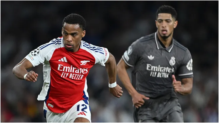 Jurrien Timber of Arsenal breaks away from Jude Bellingham of Real Madrid