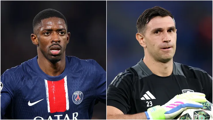 Ousmane Dembele of Paris Saint-Germain and Emiliano Martinez of Aston Villa.