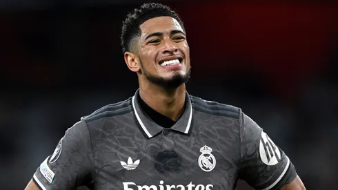 Jude Bellingham of Real Madrid reacts during the UEFA Champions League 2024/25 Quarter Final First Leg match between Arsenal FC and Real Madrid C.F. at Emirates Stadium on April 08, 2025 in London, England.