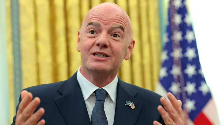 President of Fédération Internationale de Football Association (FIFA) Gianni Infantino speaks to the media during an executive order singing ceremony with U.S. President Donald Trump in the Oval Office at the White House on March 07, 2025 in Washington, DC. President Trump signed an executive order establishing a White House Task Force for the 2026 World Cup.