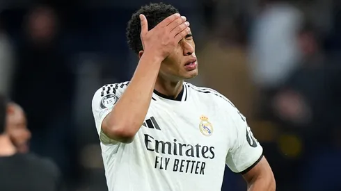 Jude Bellingham of Real Madrid looks dejected after the team's defeat in the UEFA Champions League 2024/25 Quarter Final Second Leg match between Real Madrid C.F. and Arsenal FC at Estadio Santiago Bernabeu on April 16, 2025 in Madrid, Spain.