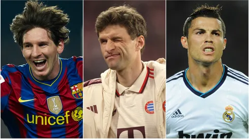 Cristiano Ronaldo (left), Thomas Muller (center), and Lionel Messi (right)
