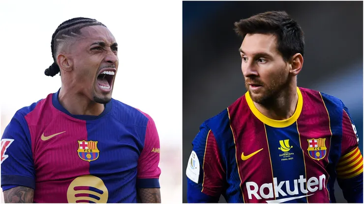 Raphinha (L) and Lionel Messi (R) of FC Barcelona.