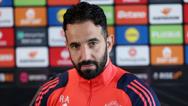 Ruben Amorim, Manager of Manchester United, looks on during a press conference ahead of their UEFA Europa League 2024/25 quarter final second leg match against Olympique Lyonnais at Carrington Training Ground on April 16, 2025 in Manchester, England.