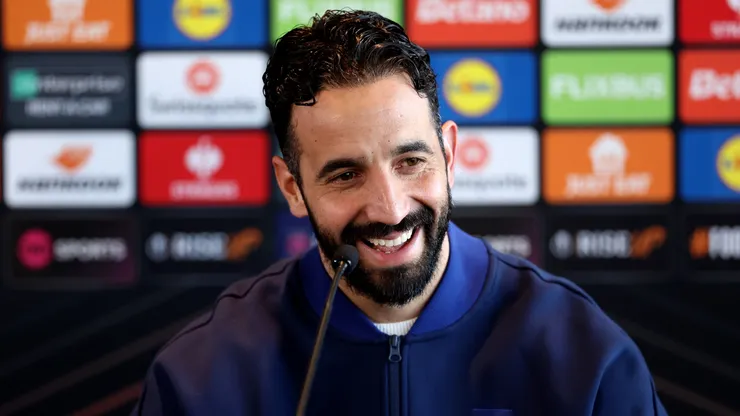 Ruben Amorim, Manager of Manchester United, looks on as he speaks to the media during the UEFA Europa League 2024/25 Round of 16 press conference at Carrington Training Ground on March 12, 2025 in Manchester, England.