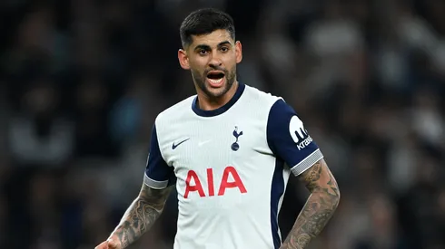 Cristian Romero of Tottenham Hotspur runs with the ball during the UEFA Europa League 2024/25 Quarter Final First Leg match between Tottenham Hotspur and Eintracht Frankfurt at Tottenham Hotspur Stadium on April 10, 2025 in London, England.