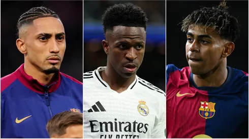 Raphinha (left), Vinicius (center, and Lamine Yamal (right)