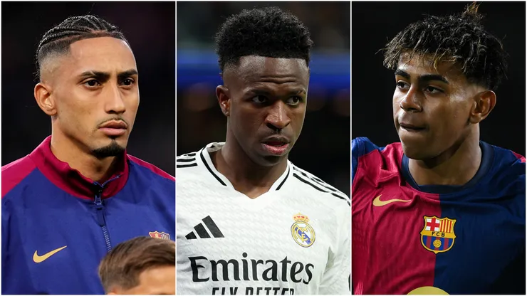 Raphinha (left), Vinicius (center, and Lamine Yamal (right)