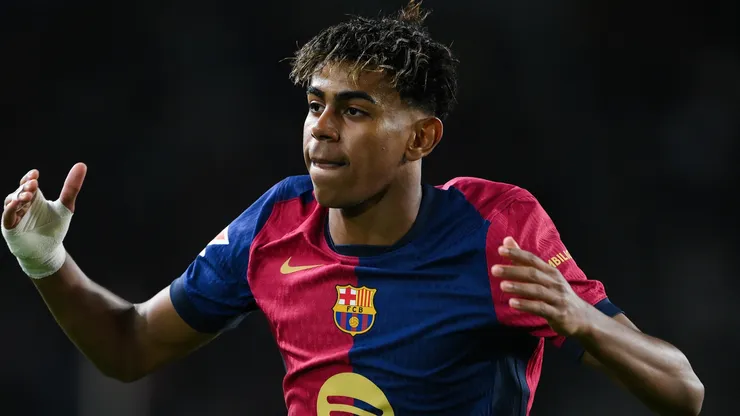 Lamine Yamal of FC Barcelona reacts during the La Liga EA Sports match between FC Barcelona and RCD Mallorca at Estadi Olimpic Lluis Companys on April 22, 2025 in Barcelona, Spain.