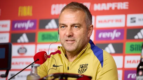 Hansi Flick, manager of FC Barcelona speaks during press conference before the Copa del Rey Final Match between FC Barcelona and Real Madrid at Estadio de La Cartuja on April 25, 2025 in Seville, Spain.