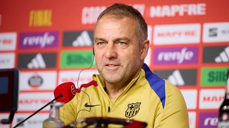 Hansi Flick, manager of FC Barcelona speaks during press conference before the Copa del Rey Final Match between FC Barcelona and Real Madrid at Estadio de La Cartuja on April 25, 2025 in Seville, Spain.
