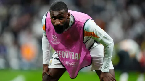 Antonio Ruediger of Real Madrid looks on as he warms up prior to the UEFA Champions League 2024/25 Quarter Final Second Leg match between Real Madrid C.F. and Arsenal FC at Estadio Santiago Bernabeu on April 16, 2025 in Madrid, Spain.