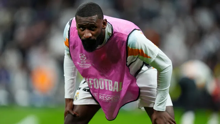 Antonio Ruediger of Real Madrid looks on as he warms up prior to the UEFA Champions League 2024/25 Quarter Final Second Leg match between Real Madrid C.F. and Arsenal FC at Estadio Santiago Bernabeu on April 16, 2025 in Madrid, Spain.