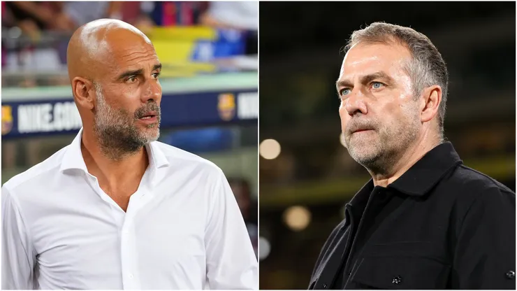 Pep Guardiola (L), Manager of Manchester City, and Hansi Flick (R), Head Coach of FC Barcelona.