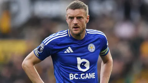 Jamie Vardy of Leicester City looks dejected during the Premier League match between Wolverhampton Wanderers FC and Leicester City FC at Molineux on April 26, 2025 in Wolverhampton, England.