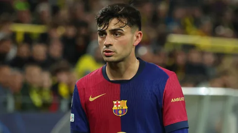 Pedri of FC Barcelona reacts during the UEFA Champions League 2024/25 Quarter Final Second Leg match between Borussia Dortmund and FC Barcelona at BVB Stadion Dortmund on April 15, 2025 in Dortmund, Germany.
