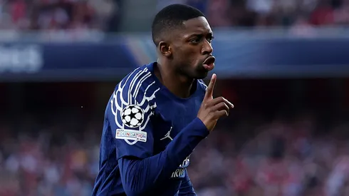 Ousmane Dembele of Paris Saint-Germain celebrates scoring his team's first goal during the UEFA Champions League 2024/25 Semi Final First Leg match between Arsenal FC and Paris Saint-Germain at Emirates Stadium on April 29, 2025 in London, England.
