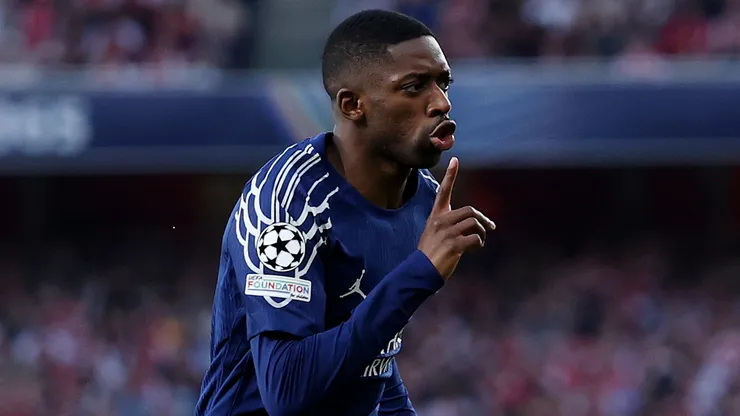 Ousmane Dembele of Paris Saint-Germain celebrates scoring his team's first goal during the UEFA Champions League 2024/25 Semi Final First Leg match between Arsenal FC and Paris Saint-Germain at Emirates Stadium on April 29, 2025 in London, England.