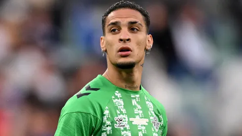 Antony of Real Betis looks on during the warm up ahead of the UEFA Conference League Final 2025 between Real Betis Balompie and Chelsea FC at Stadion Wroclaw on May 28, 2025 in Wroclaw, Poland.