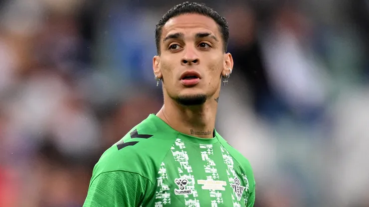 Antony of Real Betis looks on during the warm up ahead of the UEFA Conference League Final 2025 between Real Betis Balompie and Chelsea FC at Stadion Wroclaw on May 28, 2025 in Wroclaw, Poland.