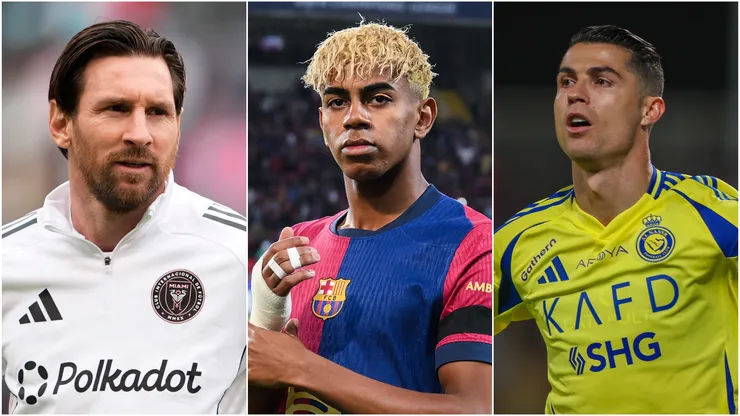Lionel Messi (L) #10 of Inter Miami CF, Lamine Yamal (M) of FC Barcelona, and Cristiano Ronaldo (R) of Al Nassr.