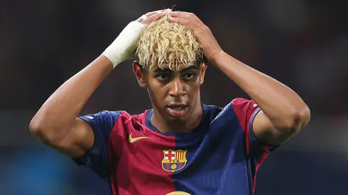 Lamine Yamal of FC Barcelona reacts during the UEFA Champions League 2024/25 Semi Final First Leg match between FC Barcelona and FC Internazionale Milano at Estadi Olimpic Lluis Companys on April 30, 2025 in Barcelona, Spain.