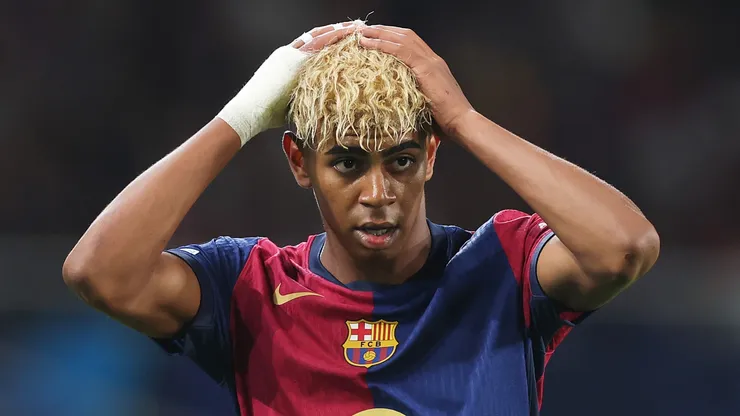 Lamine Yamal of FC Barcelona reacts during the UEFA Champions League 2024/25 Semi Final First Leg match between FC Barcelona and FC Internazionale Milano at Estadi Olimpic Lluis Companys on April 30, 2025 in Barcelona, Spain.
