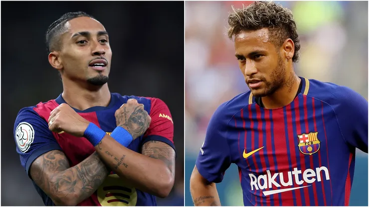 Raphinha (L) and Neymar (R) #11 of FC Barcelona.