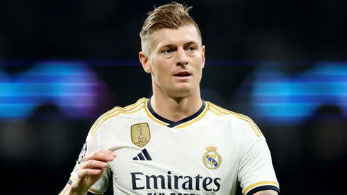 Toni Kroos of Real Madrid reacts during the UEFA Champions League match between Real Madrid and SSC Napoli at Estadio Santiago Bernabeu on November 29, 2023 in Madrid, Spain.